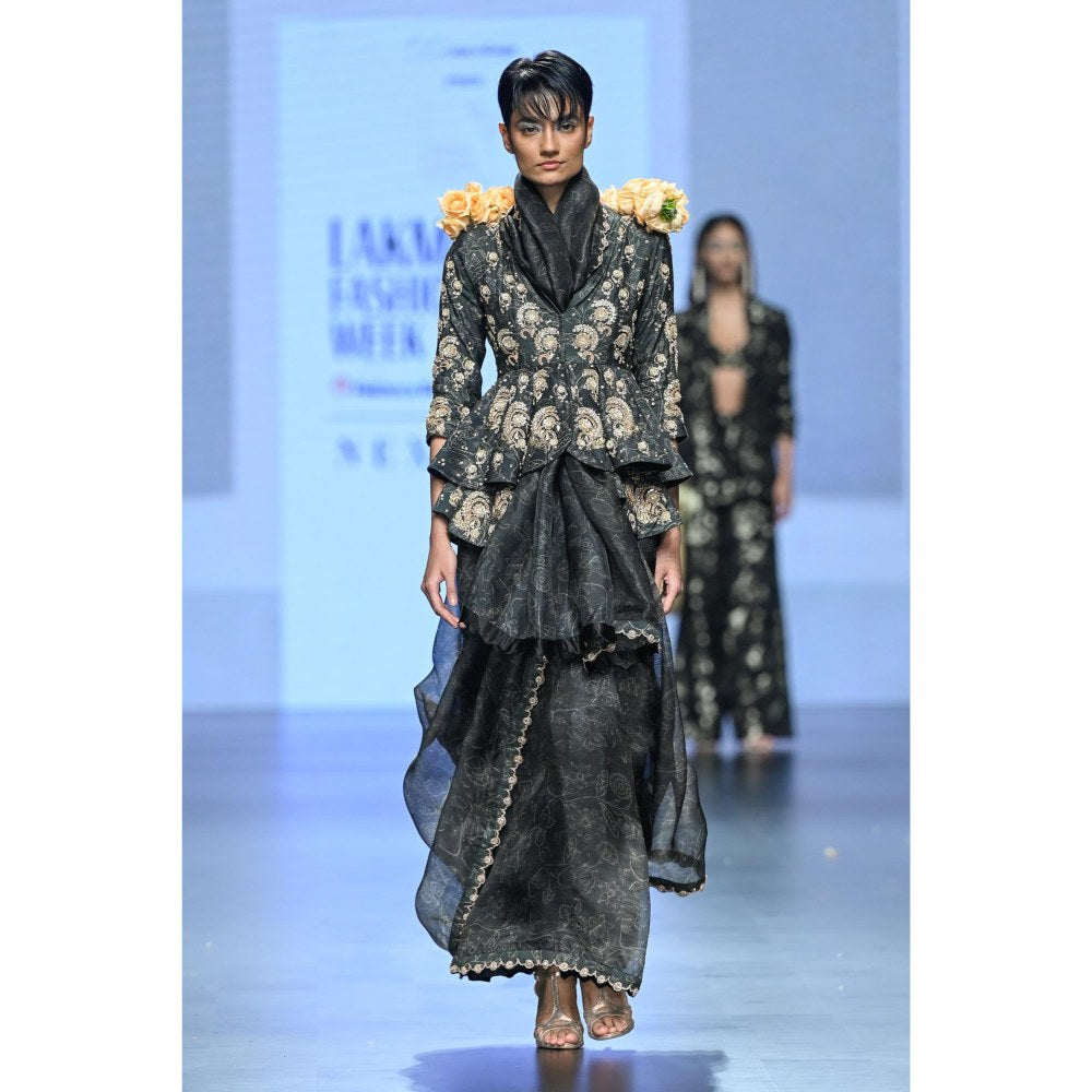 Paulmi & Harsh Black Pre Drape Saree with Top with Jacket and Petticoat