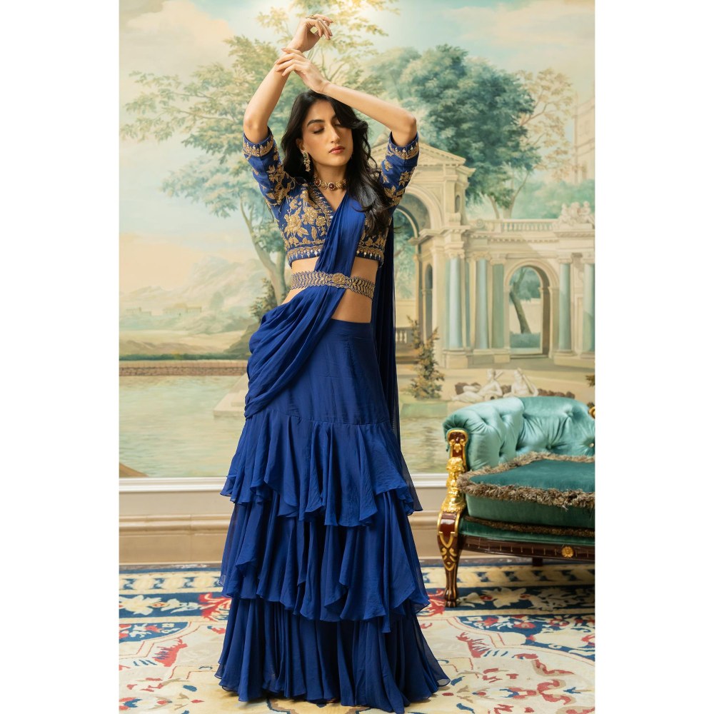 Paulmi & Harsh Blue Agatha Pre Drape Saree with Stitched Blouse and Belt
