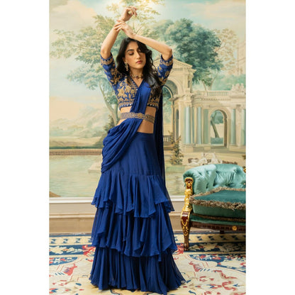 Paulmi & Harsh Blue Agatha Pre Drape Saree with Stitched Blouse and Belt