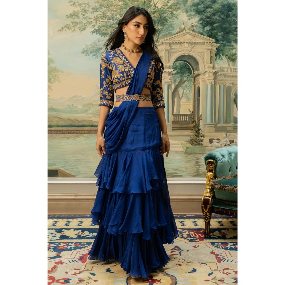 Paulmi & Harsh Blue Agatha Pre Drape Saree with Stitched Blouse and Belt