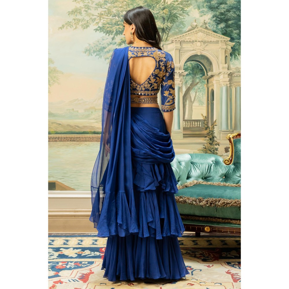 Paulmi & Harsh Blue Agatha Pre Drape Saree with Stitched Blouse and Belt
