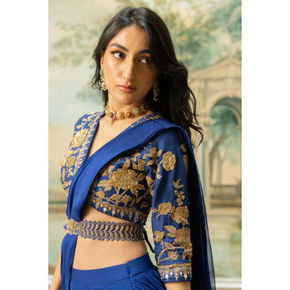 Paulmi & Harsh Blue Agatha Pre Drape Saree with Stitched Blouse and Belt