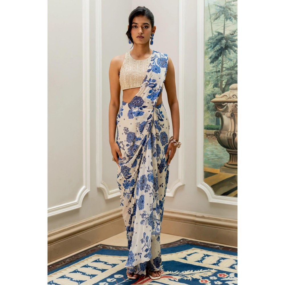 Paulmi & Harsh Blue Printed Pre Drape Saree with Stitched Blouse
