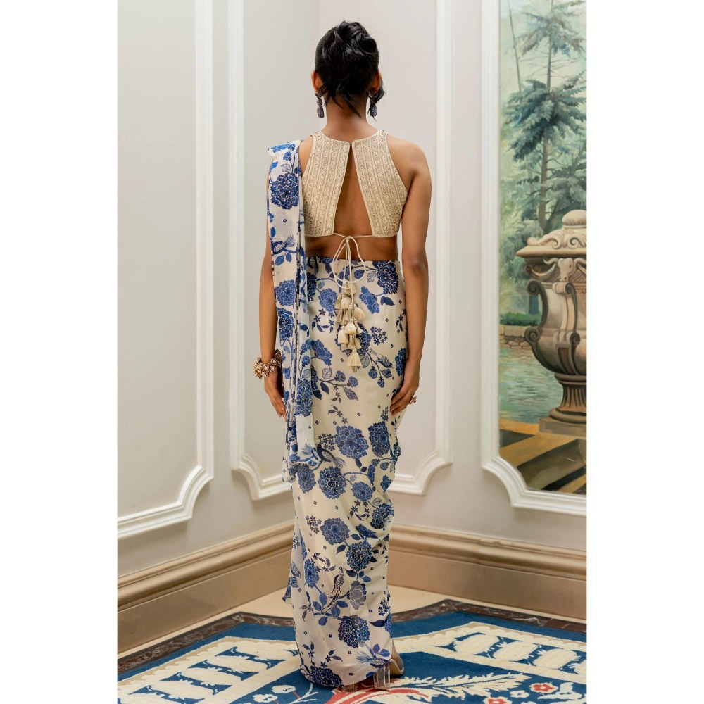 Paulmi & Harsh Blue Printed Pre Drape Saree with Stitched Blouse