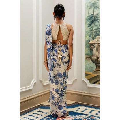 Paulmi & Harsh Blue Printed Pre Drape Saree with Stitched Blouse