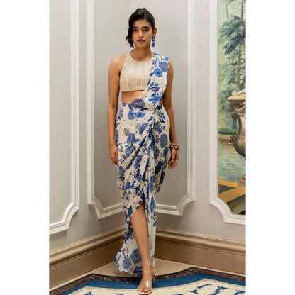 Paulmi & Harsh Blue Printed Pre Drape Saree with Stitched Blouse