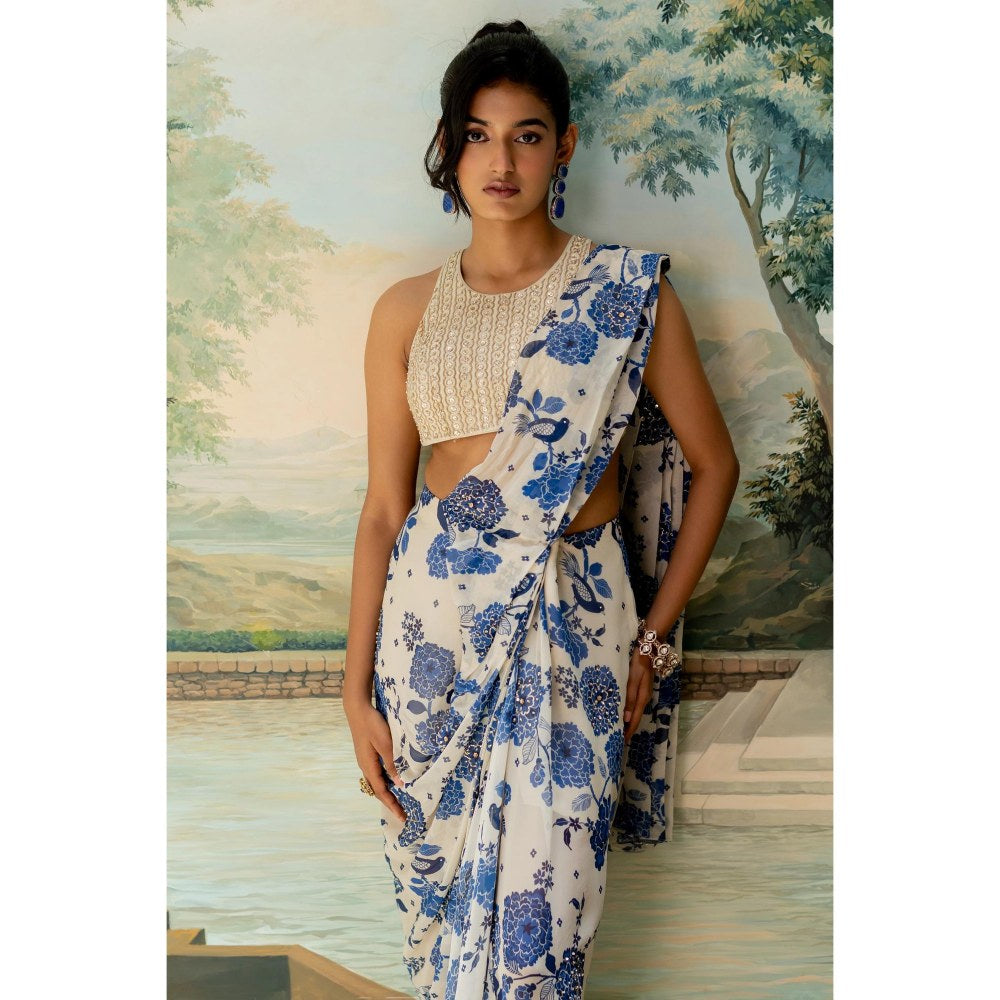 Paulmi & Harsh Blue Printed Pre Drape Saree with Stitched Blouse