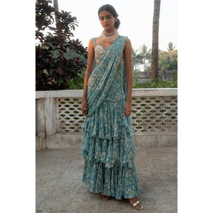 Paulmi & Harsh Blue Pre Drape Saree with Stitched Blouse