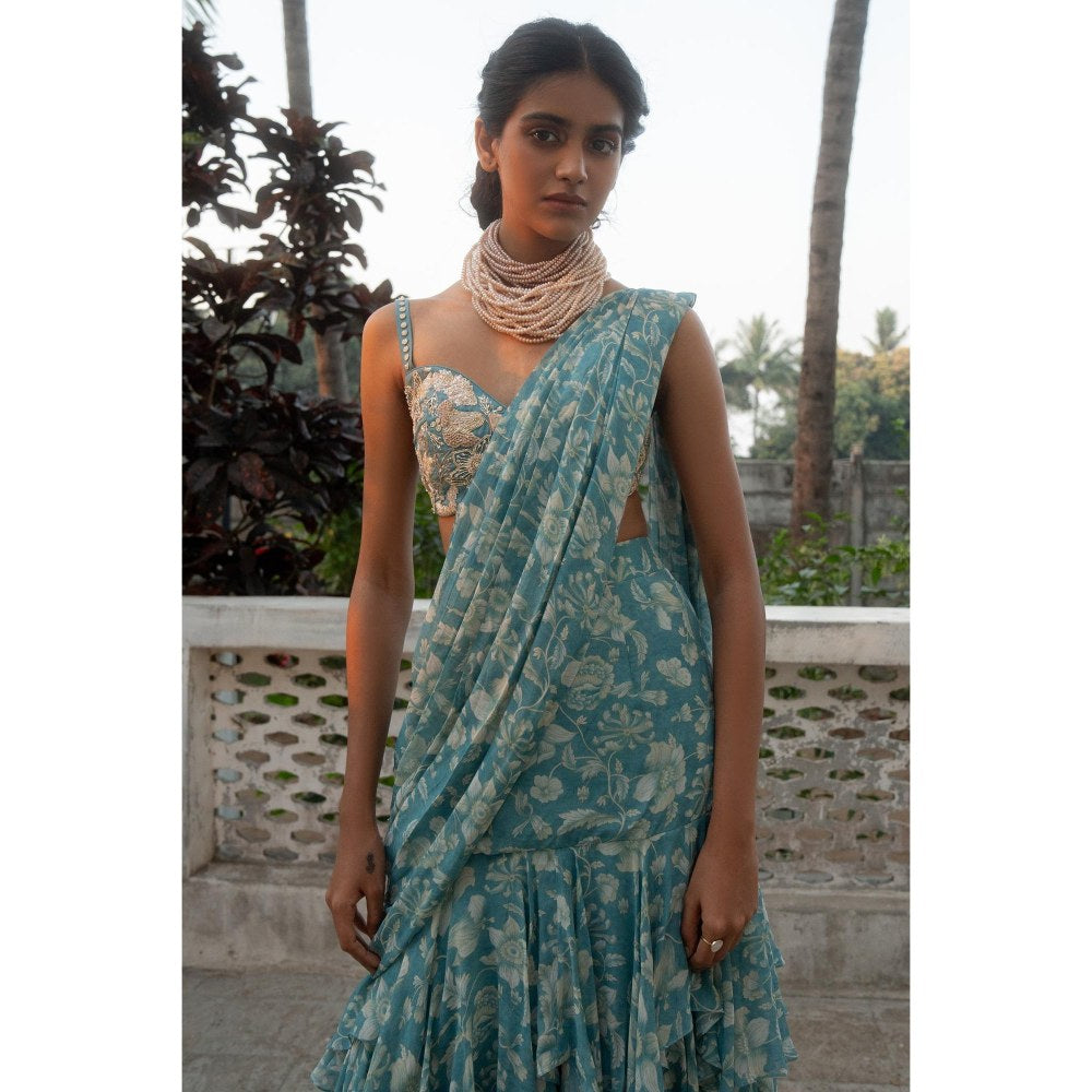 Paulmi & Harsh Blue Pre Drape Saree with Stitched Blouse