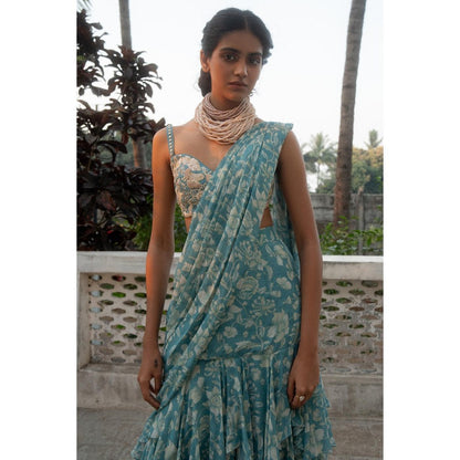 Paulmi & Harsh Blue Pre Drape Saree with Stitched Blouse