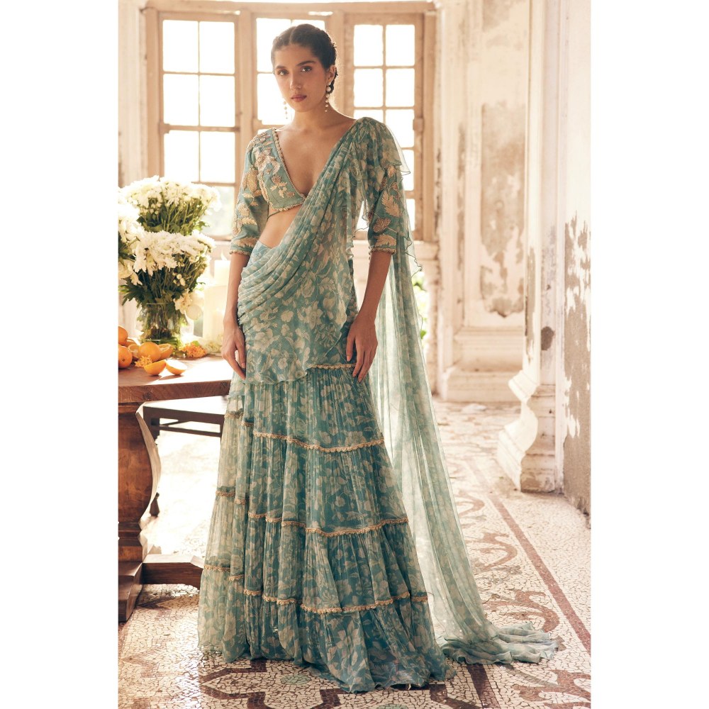 Paulmi & Harsh Blue Pre Drape Saree with Stitched Blouse