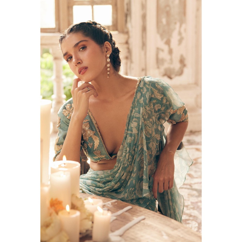 Paulmi & Harsh Blue Pre Drape Saree with Stitched Blouse