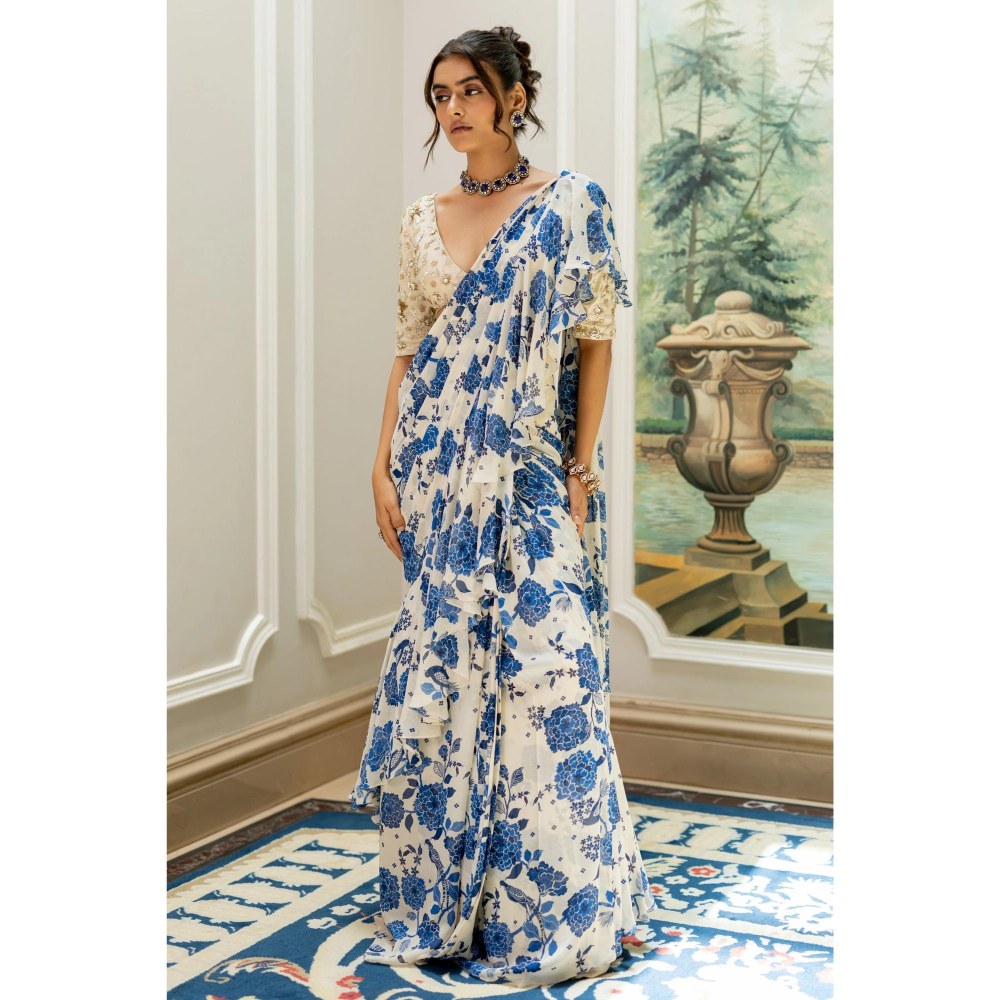 Paulmi & Harsh Blue Printed Pre Drape Saree with Stitched Blouse