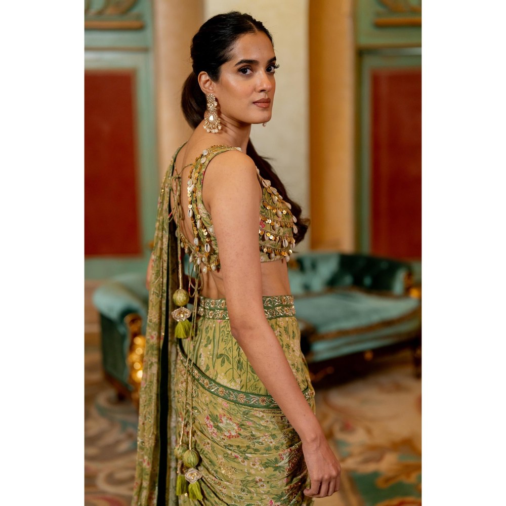 Paulmi & Harsh Green Pre Drape Saree with Stitched Blouse and Belt