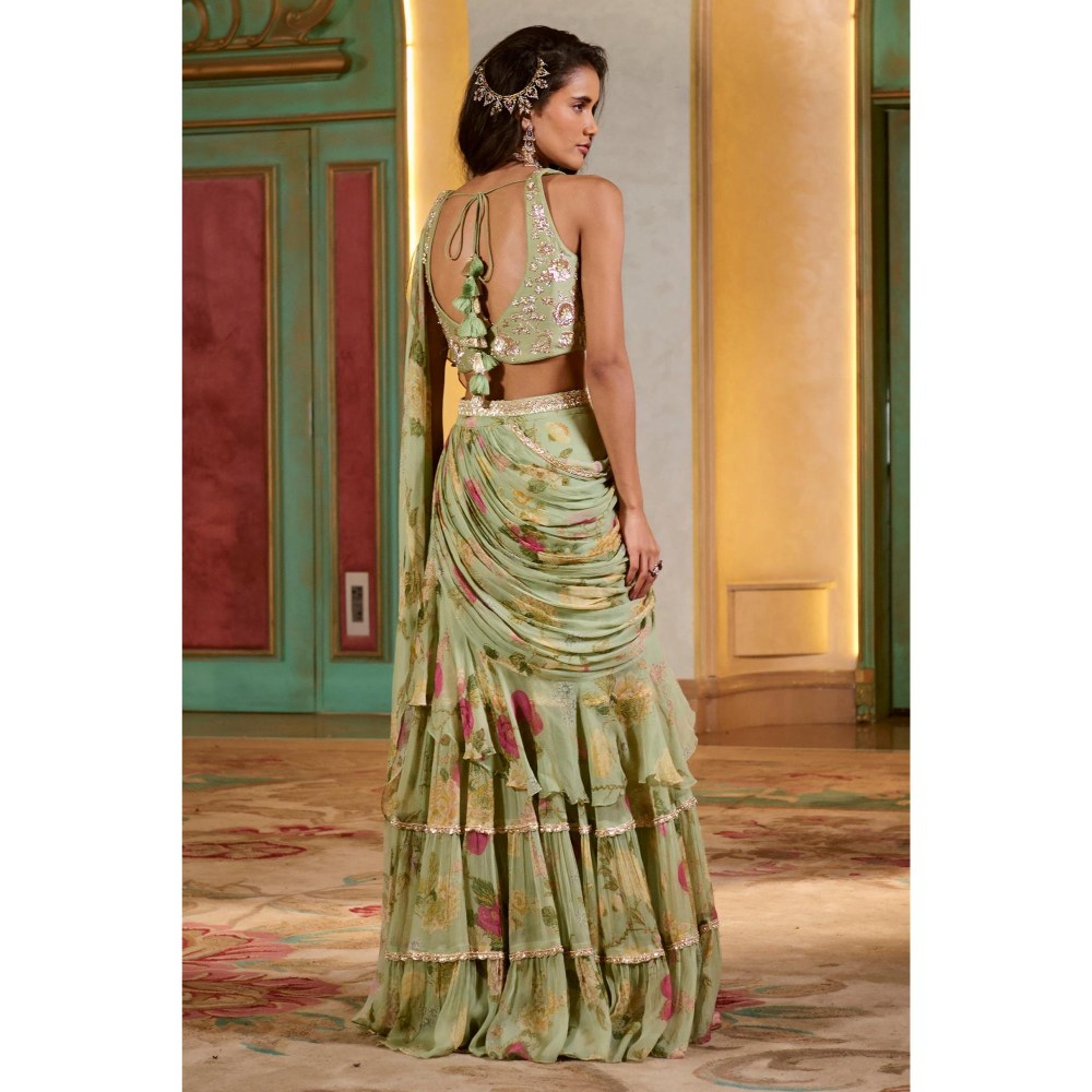 Paulmi & Harsh Green Pre Drape Saree with Stitched Blouse and Belt