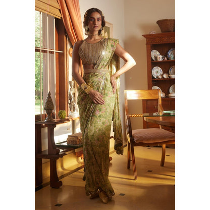 Paulmi & Harsh Green Pre Drape Saree with Stitched Blouse and Belt