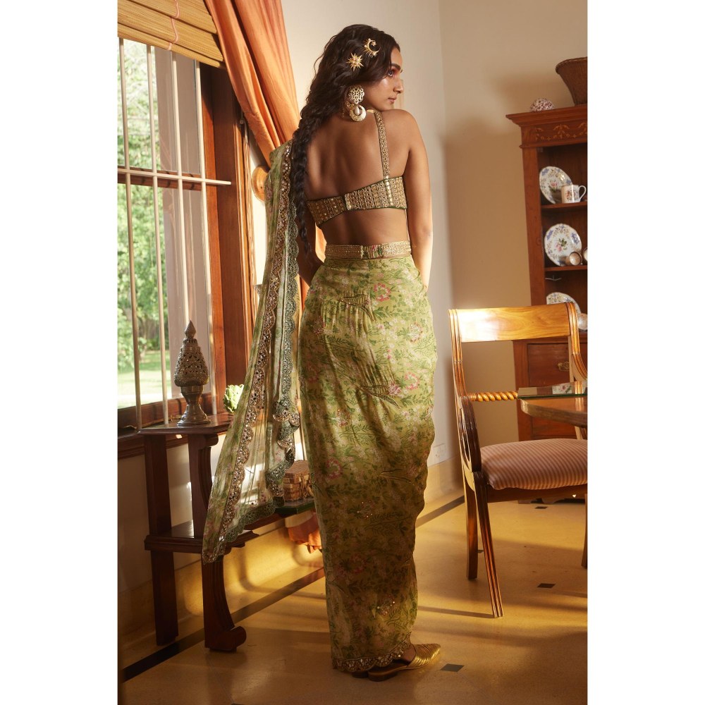 Paulmi & Harsh Green Pre Drape Saree with Stitched Blouse and Belt