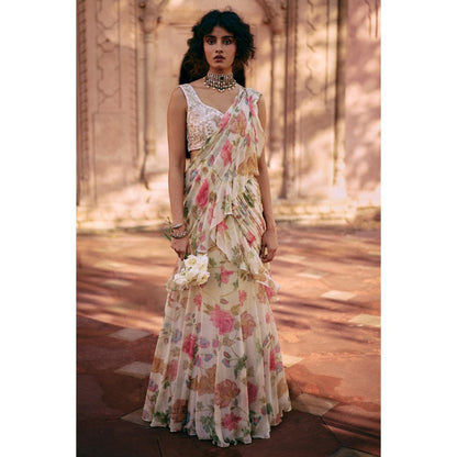 Paulmi & Harsh Ivory Printed Pre Drape Saree with Stitched Blouse and Belt