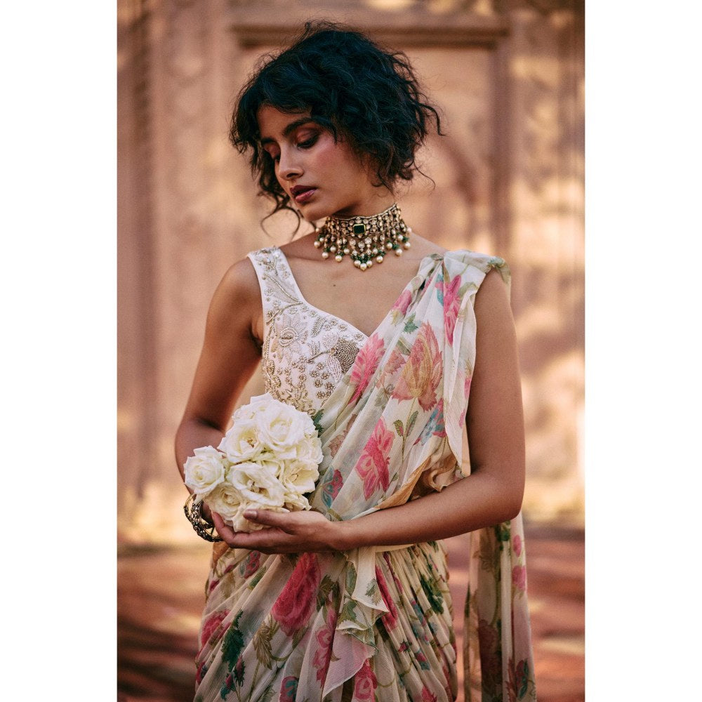 Paulmi & Harsh Ivory Printed Pre Drape Saree with Stitched Blouse and Belt