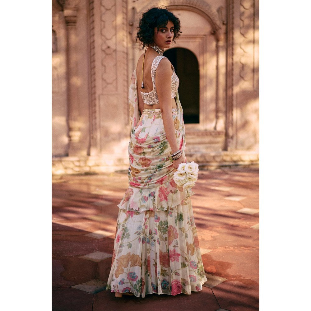 Paulmi & Harsh Ivory Printed Pre Drape Saree with Stitched Blouse and Belt