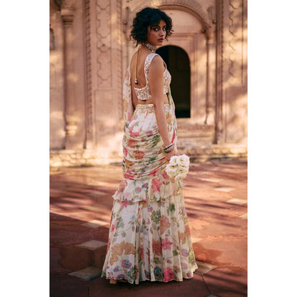 Paulmi & Harsh Ivory Printed Pre Drape Saree with Stitched Blouse and Belt