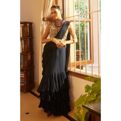 Paulmi & Harsh Navy Blue Ethel Pre Drape Saree with Stitched Blouse and Belt