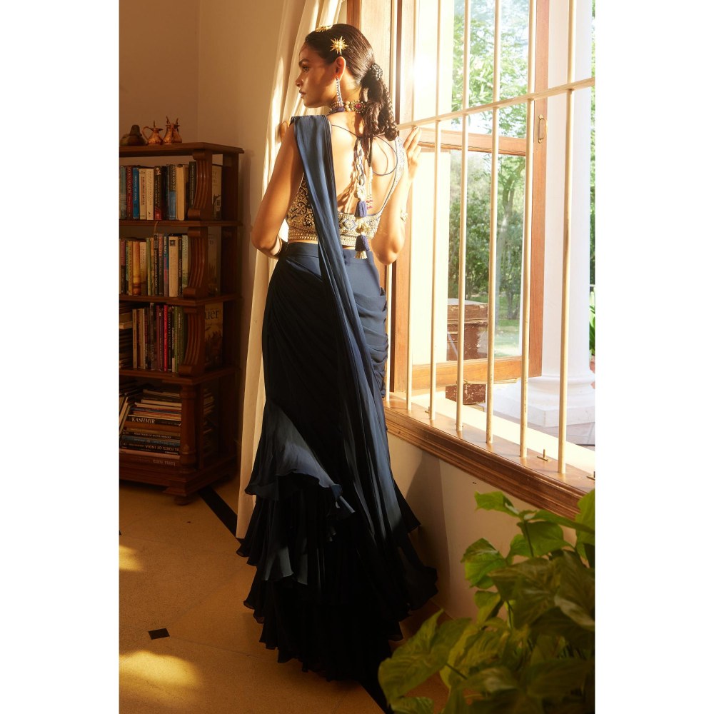 Paulmi & Harsh Navy Blue Ethel Pre Drape Saree with Stitched Blouse and Belt