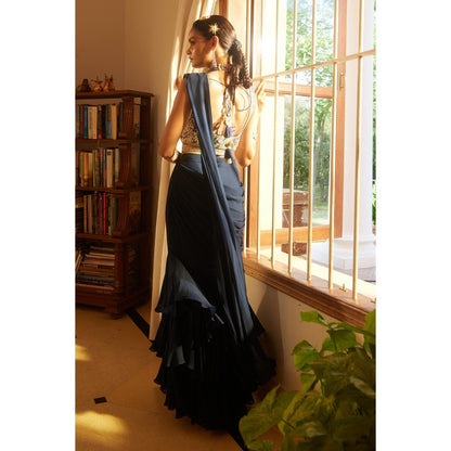Paulmi & Harsh Navy Blue Ethel Pre Drape Saree with Stitched Blouse and Belt