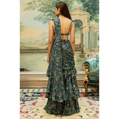 Paulmi & Harsh Navy Blue Pre Drape Saree with Stitched Blouse