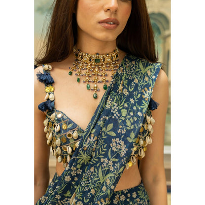 Paulmi & Harsh Navy Blue Pre Drape Saree with Stitched Blouse