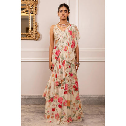 Paulmi & Harsh Off White Printed Pre Drape Saree with Stitched Blouse