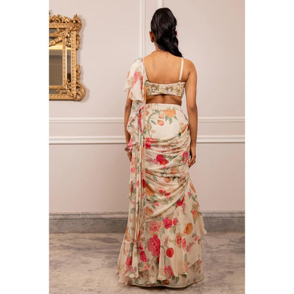 Paulmi & Harsh Off White Printed Pre Drape Saree with Stitched Blouse