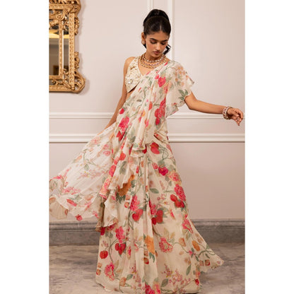 Paulmi & Harsh Off White Printed Pre Drape Saree with Stitched Blouse
