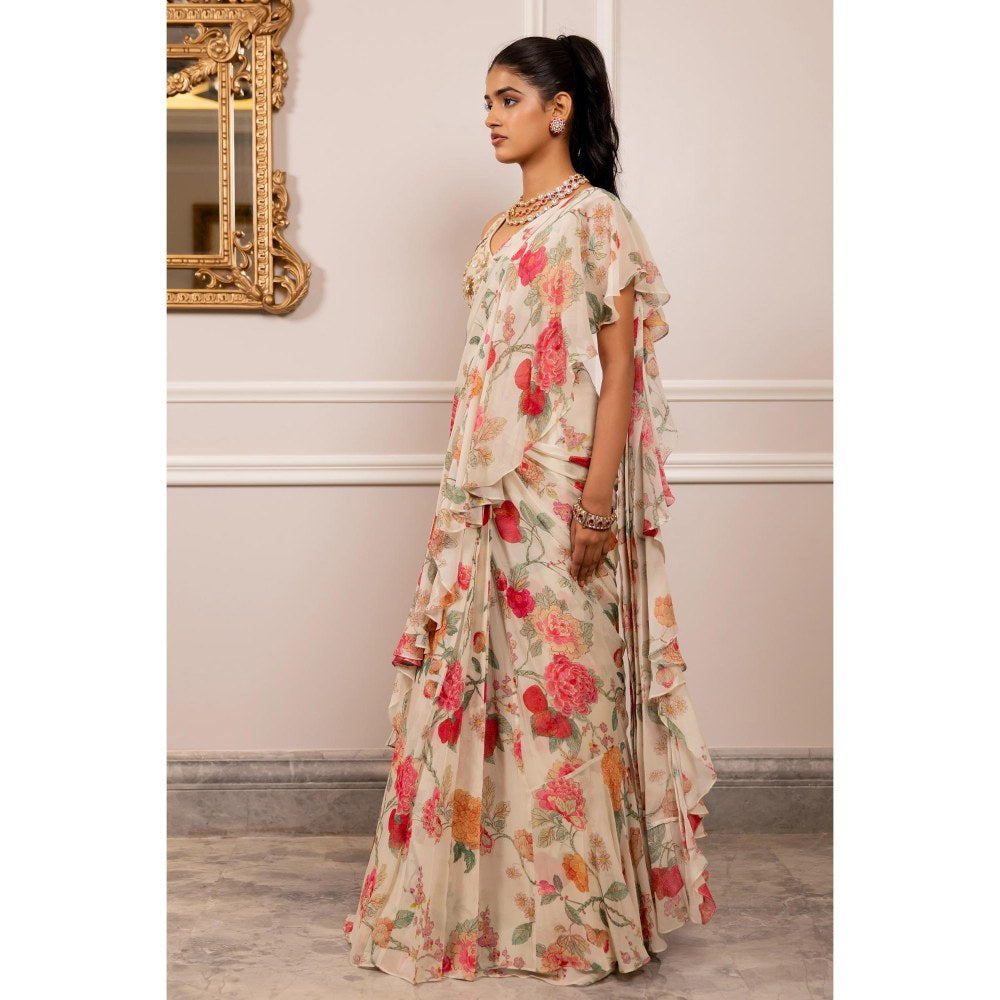 Paulmi & Harsh Off White Printed Pre Drape Saree with Stitched Blouse
