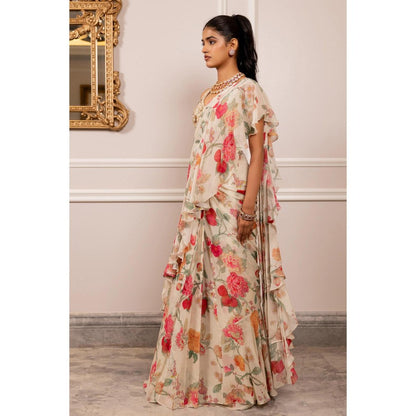 Paulmi & Harsh Off White Printed Pre Drape Saree with Stitched Blouse