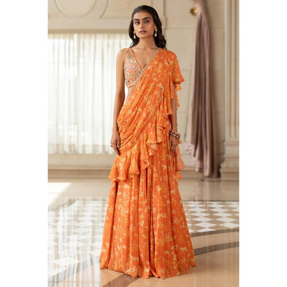 Paulmi & Harsh Orange Printed Pre Drape Saree with Stitched Blouse