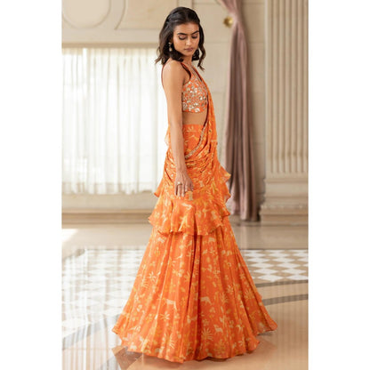 Paulmi & Harsh Orange Printed Pre Drape Saree with Stitched Blouse