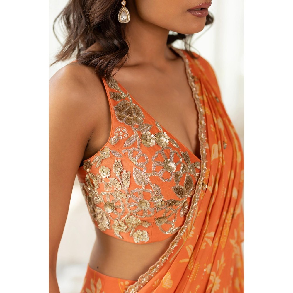 Paulmi & Harsh Orange Printed Pre Drape Saree with Stitched Blouse