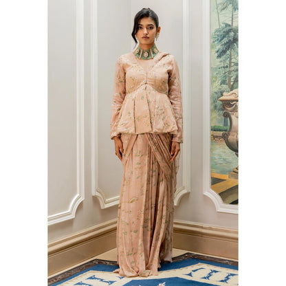 Paulmi & Harsh Peach Printed Pre Drape Saree with Stitched Blouse