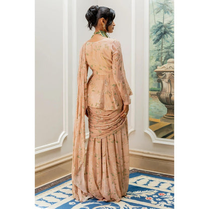 Paulmi & Harsh Peach Printed Pre Drape Saree with Stitched Blouse