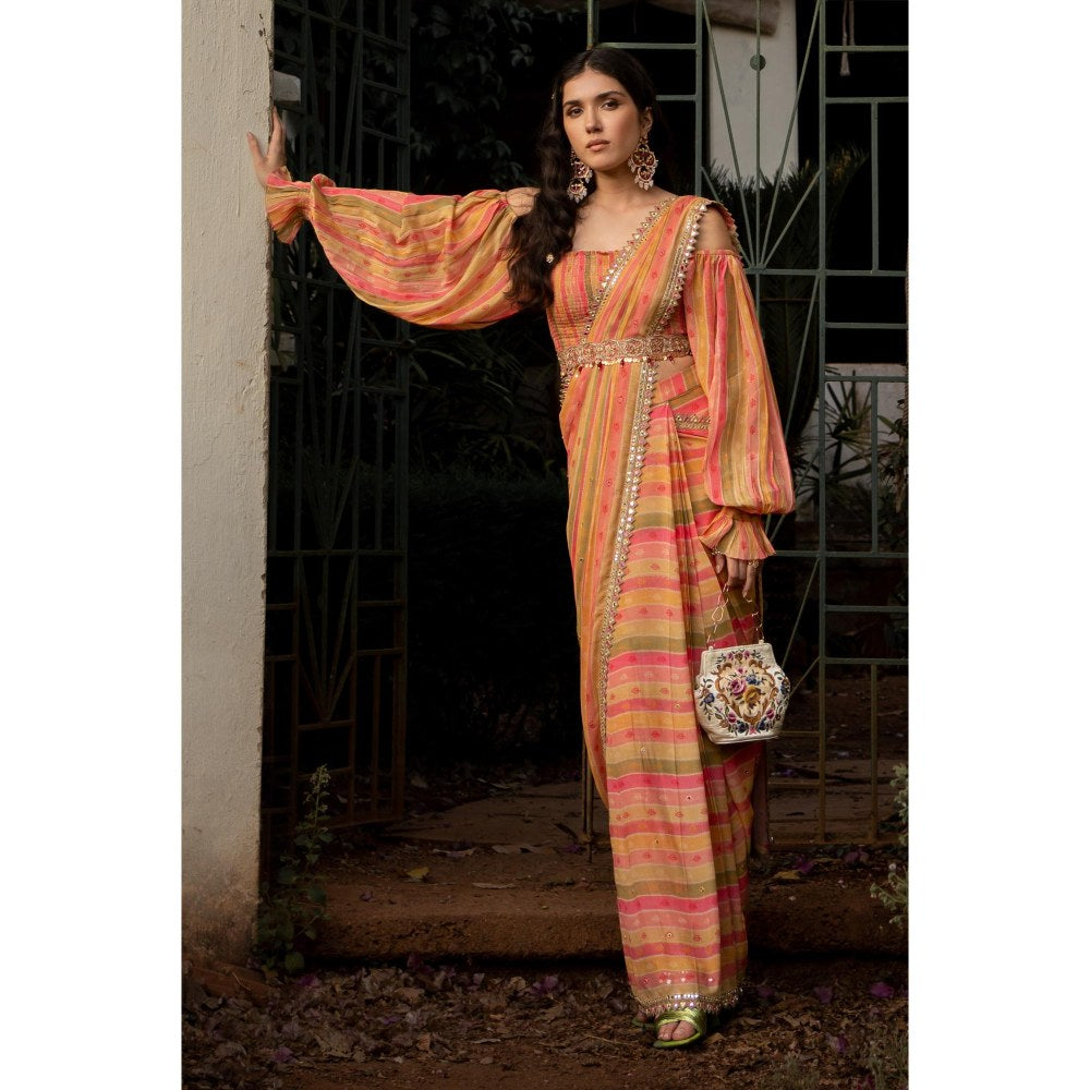 Paulmi & Harsh Pink Emma Stripes Pre Drape Saree with Stitched Blouse