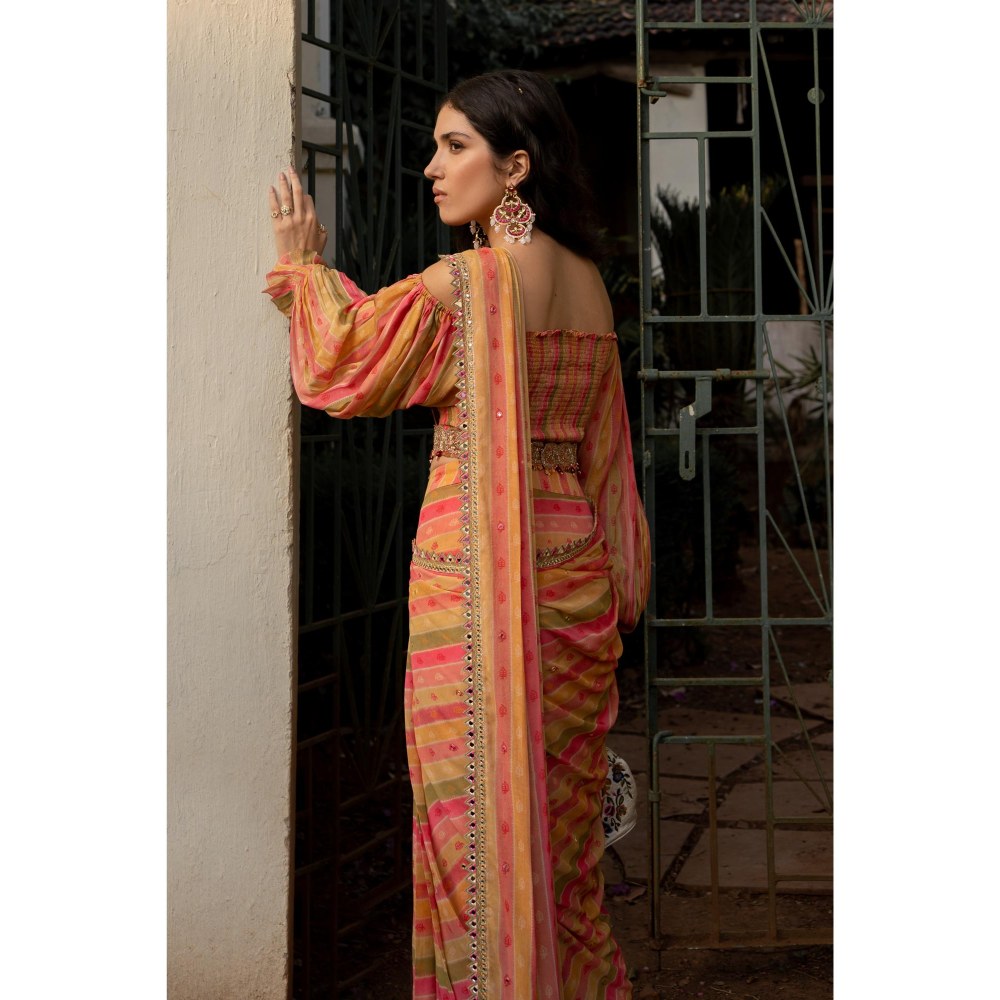 Paulmi & Harsh Pink Emma Stripes Pre Drape Saree with Stitched Blouse