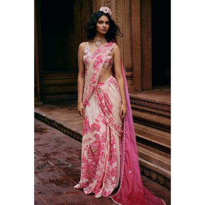 Paulmi & Harsh Pink Everly Floral Printed Pre Drape Saree with Stitched Blouse