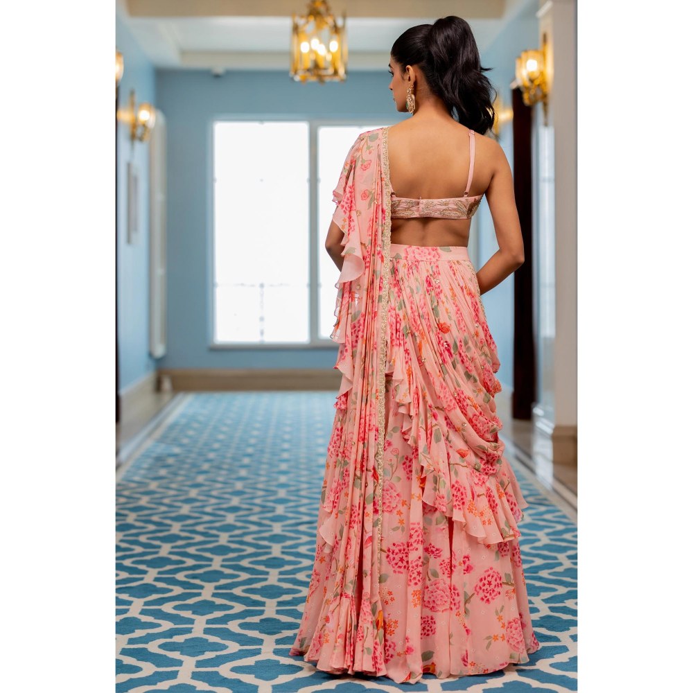 Paulmi & Harsh Pink Printed Pre Drape Saree with Stitched Blouse