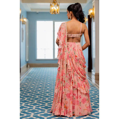 Paulmi & Harsh Pink Printed Pre Drape Saree with Stitched Blouse