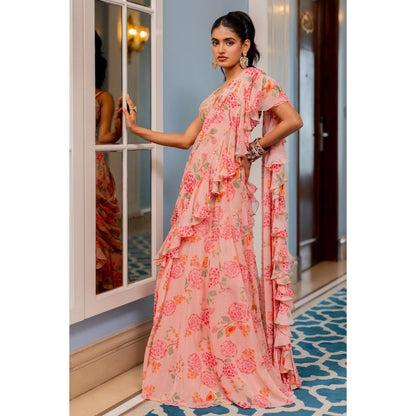 Paulmi & Harsh Pink Printed Pre Drape Saree with Stitched Blouse