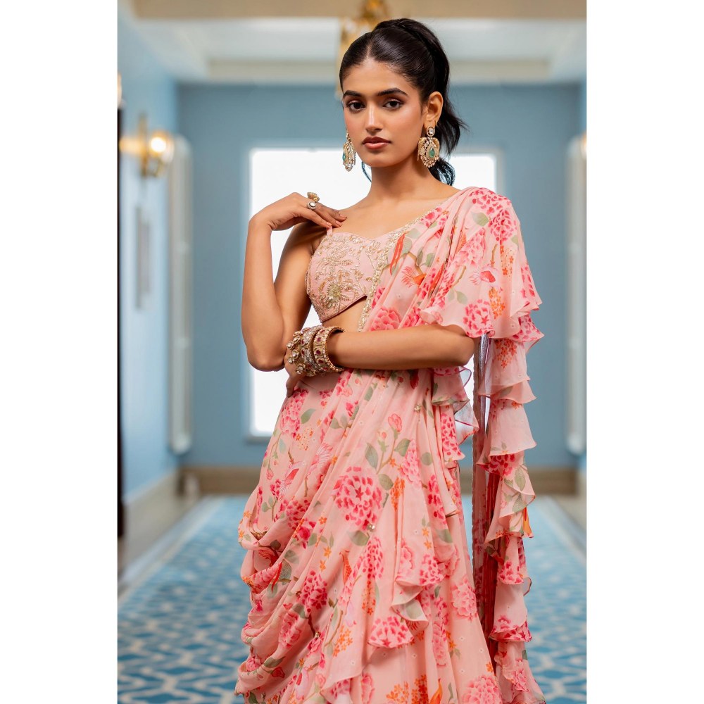 Paulmi & Harsh Pink Printed Pre Drape Saree with Stitched Blouse
