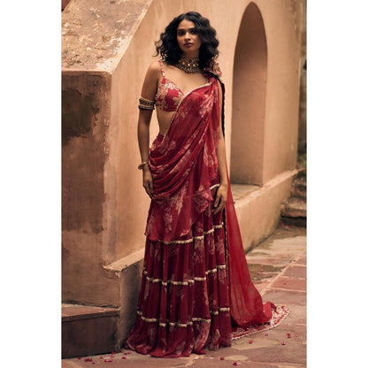 Paulmi & Harsh Red Opal Floral Printed Pre Drape Saree with Stitched Blouse