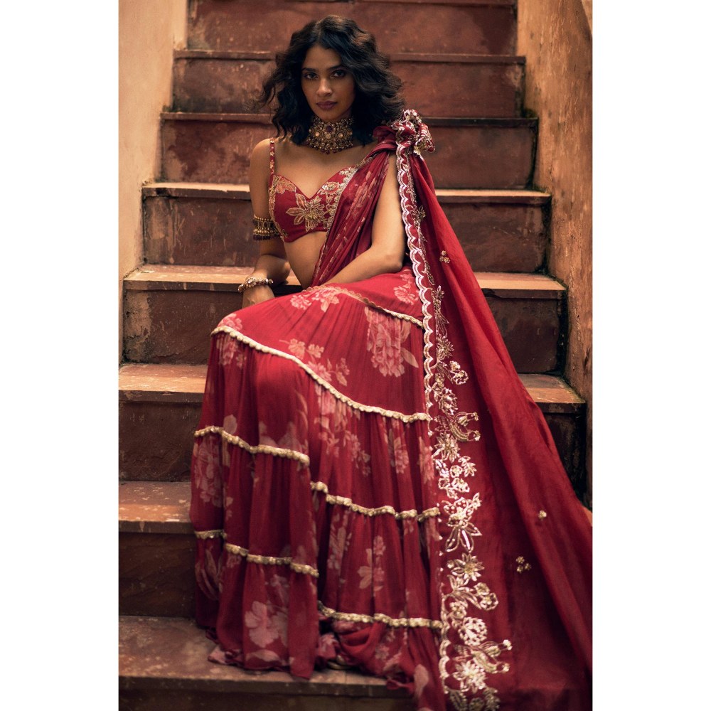 Paulmi & Harsh Red Opal Floral Printed Pre Drape Saree with Stitched Blouse