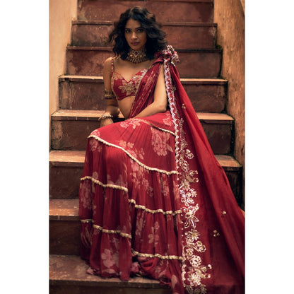 Paulmi & Harsh Red Opal Floral Printed Pre Drape Saree with Stitched Blouse